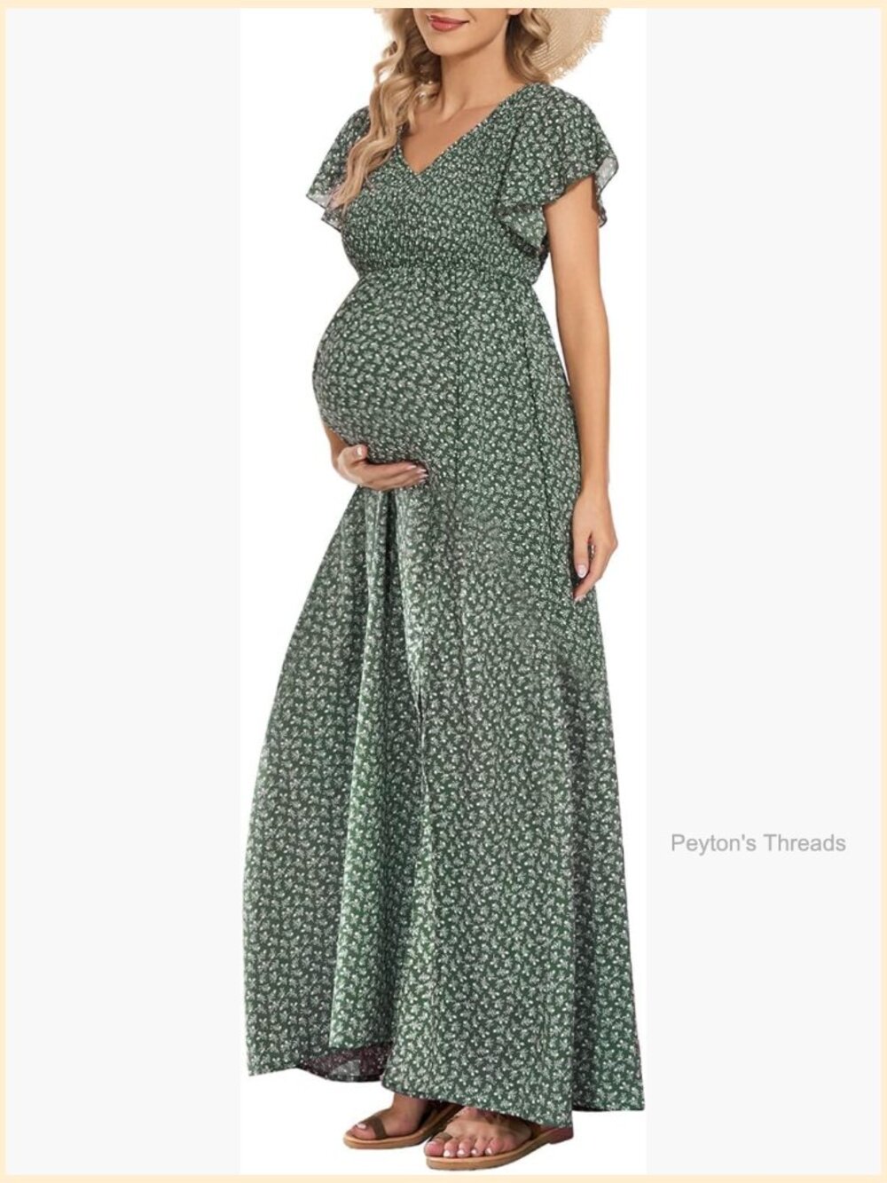Maternity Dress Floral Print V Neck Boho Smocked Flutter Sleeve Split A Line